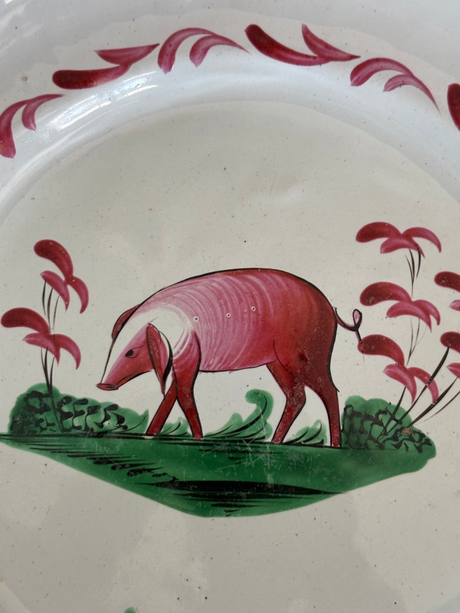 Antique Islettes Earthenware Plate, 19th Century, Decorated With A Pig-photo-3