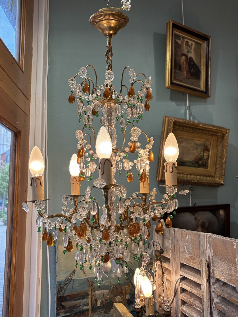 Antique Chandelier With Tassels And Pendants Early XX Eme In The Taste Of Bagues 5 Feux Gouttes-photo-1
