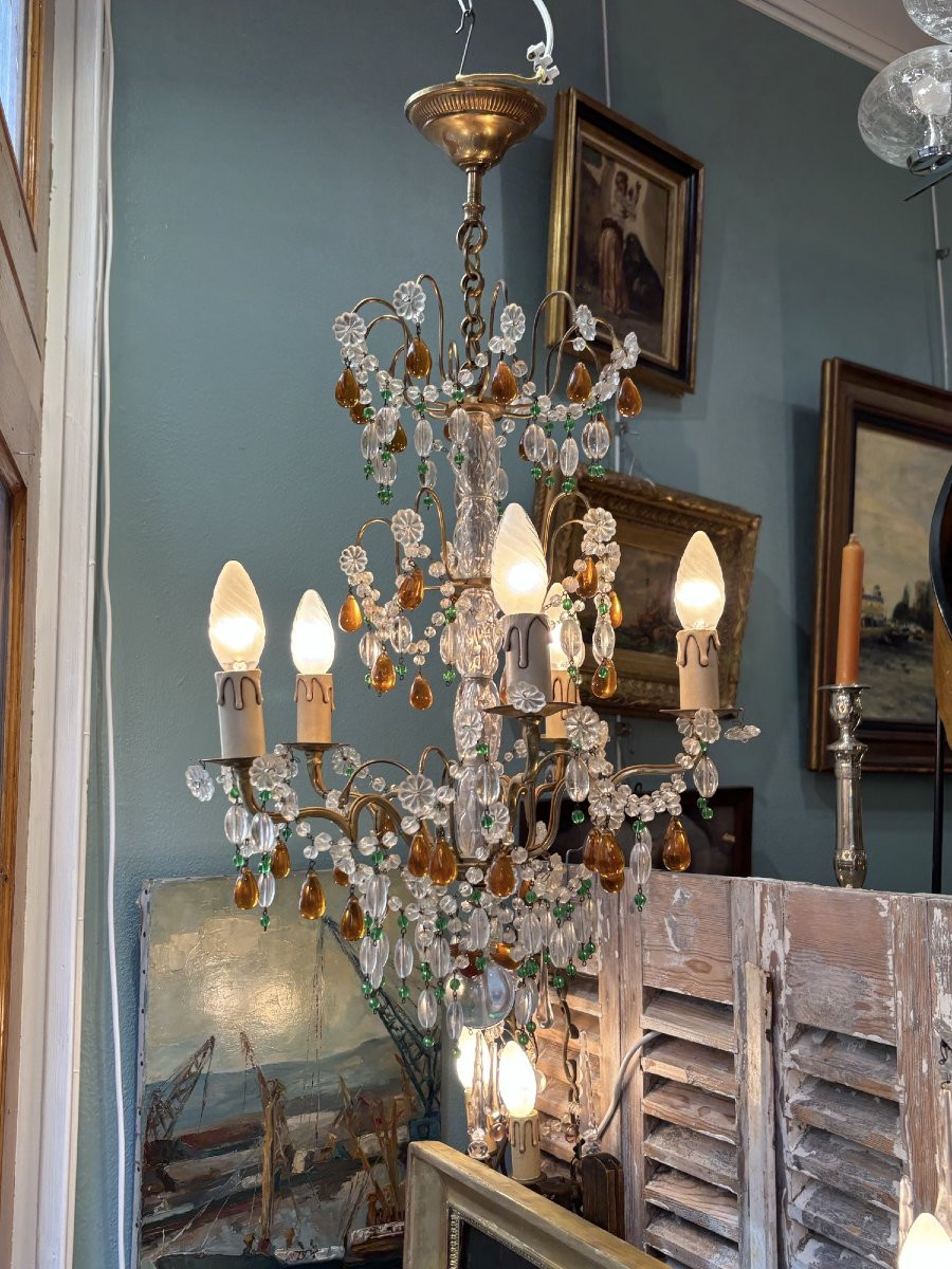 Antique Chandelier With Tassels And Pendants Early XX Eme In The Taste Of Bagues 5 Feux Gouttes-photo-5