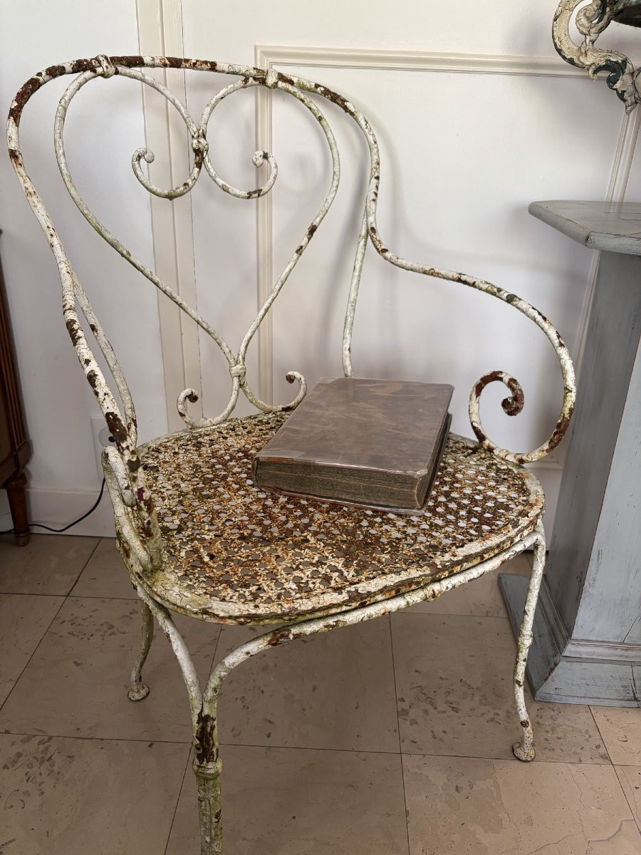 Ancien siège fauteuil de jardin fer forgé riveté epoque XIX eme siécle patine du temps chaise-photo-2