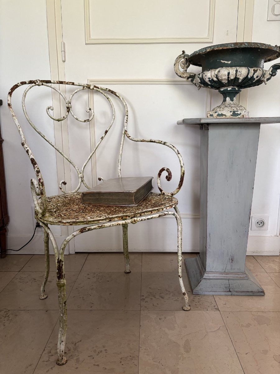 Ancien siège fauteuil de jardin fer forgé riveté epoque XIX eme siécle patine du temps chaise-photo-4