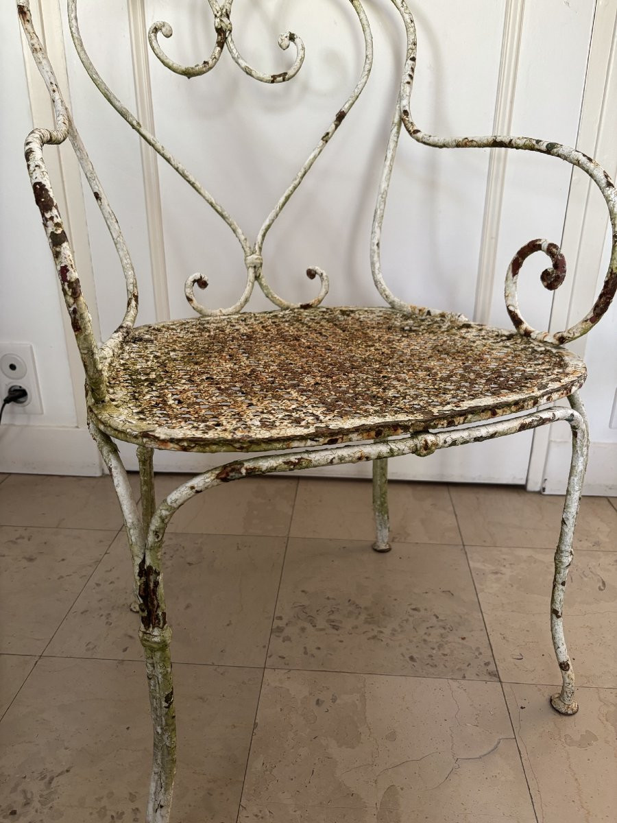 Ancien siège fauteuil de jardin fer forgé riveté epoque XIX eme siécle patine du temps chaise-photo-4