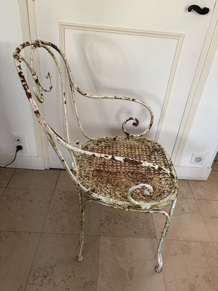 Ancien siège fauteuil de jardin fer forgé riveté epoque XIX eme siécle patine du temps chaise-photo-5