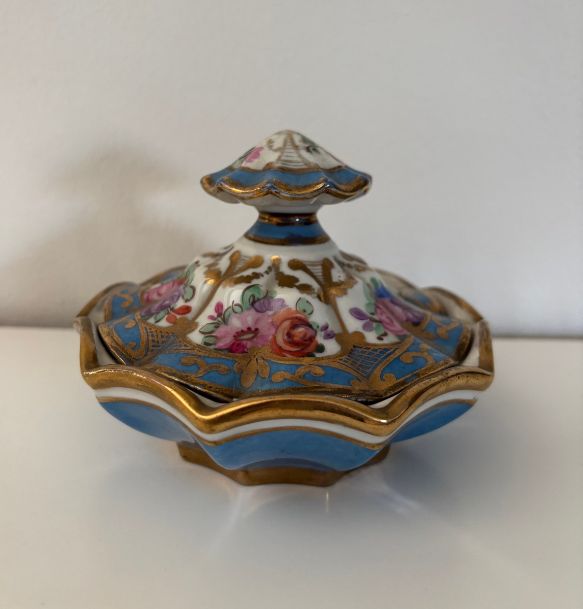 Antique Sèvres Blue Porcelain Bonbonnière Late 19th Century Painted Floral Decoration