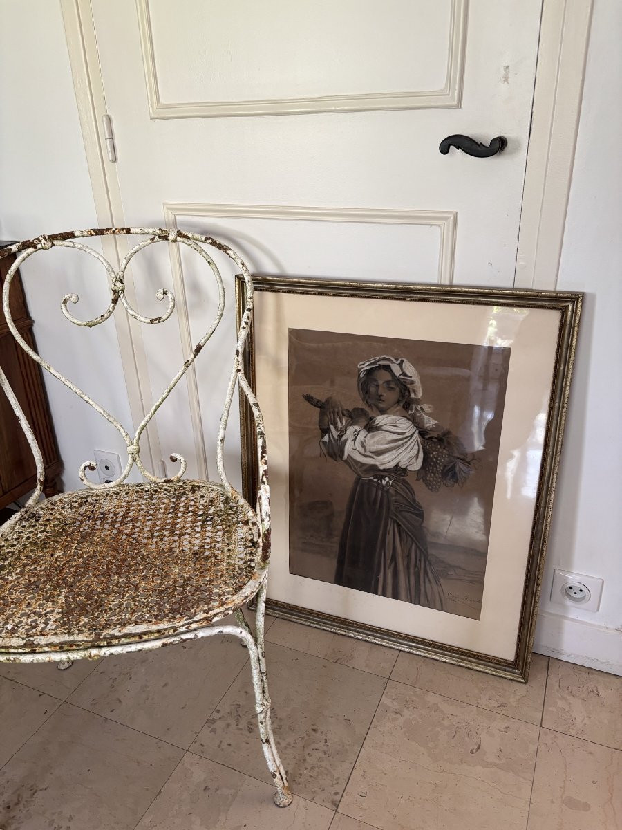 Antique Late 19th Century Charcoal Drawing Heightened With Chalk: The Peasant Woman Signed And Dated-photo-6