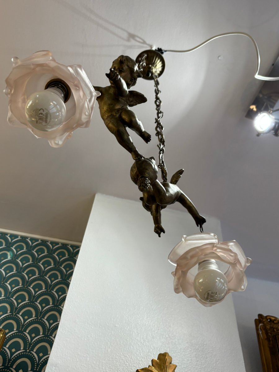 Ancien lustre à décor de putti et d'anges vers 1900 2 feux art nouveau-photo-4