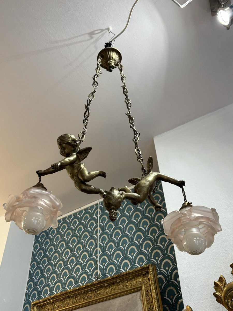 Ancien lustre à décor de putti et d'anges vers 1900 2 feux art nouveau-photo-4