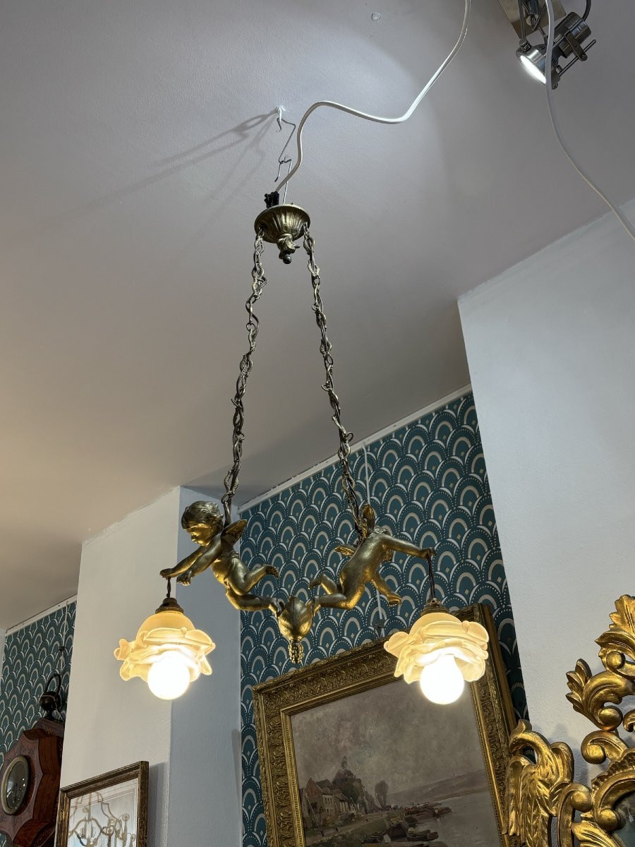 Ancien lustre à décor de putti et d'anges vers 1900 2 feux art nouveau-photo-5
