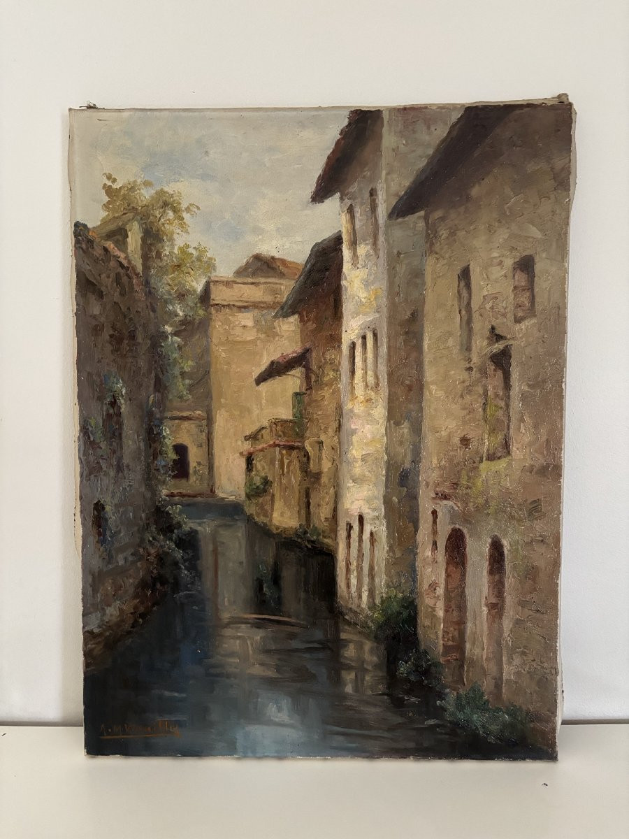 Ecole française Jura ancien tableau Huile sur toile Clairvaux les lacs  AM VIDAILLET  1950-photo-4