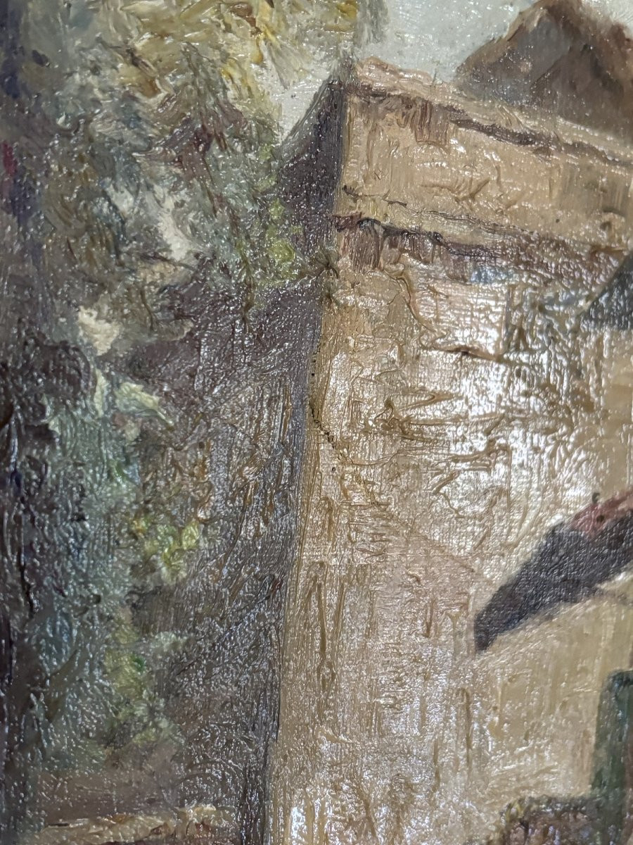 Ecole française Jura ancien tableau Huile sur toile Clairvaux les lacs  AM VIDAILLET  1950-photo-3
