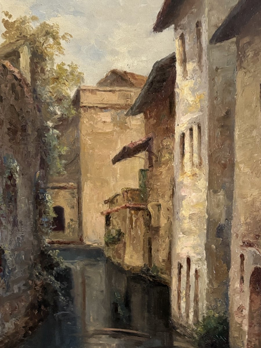 Ecole française Jura ancien tableau Huile sur toile Clairvaux les lacs  AM VIDAILLET  1950-photo-4
