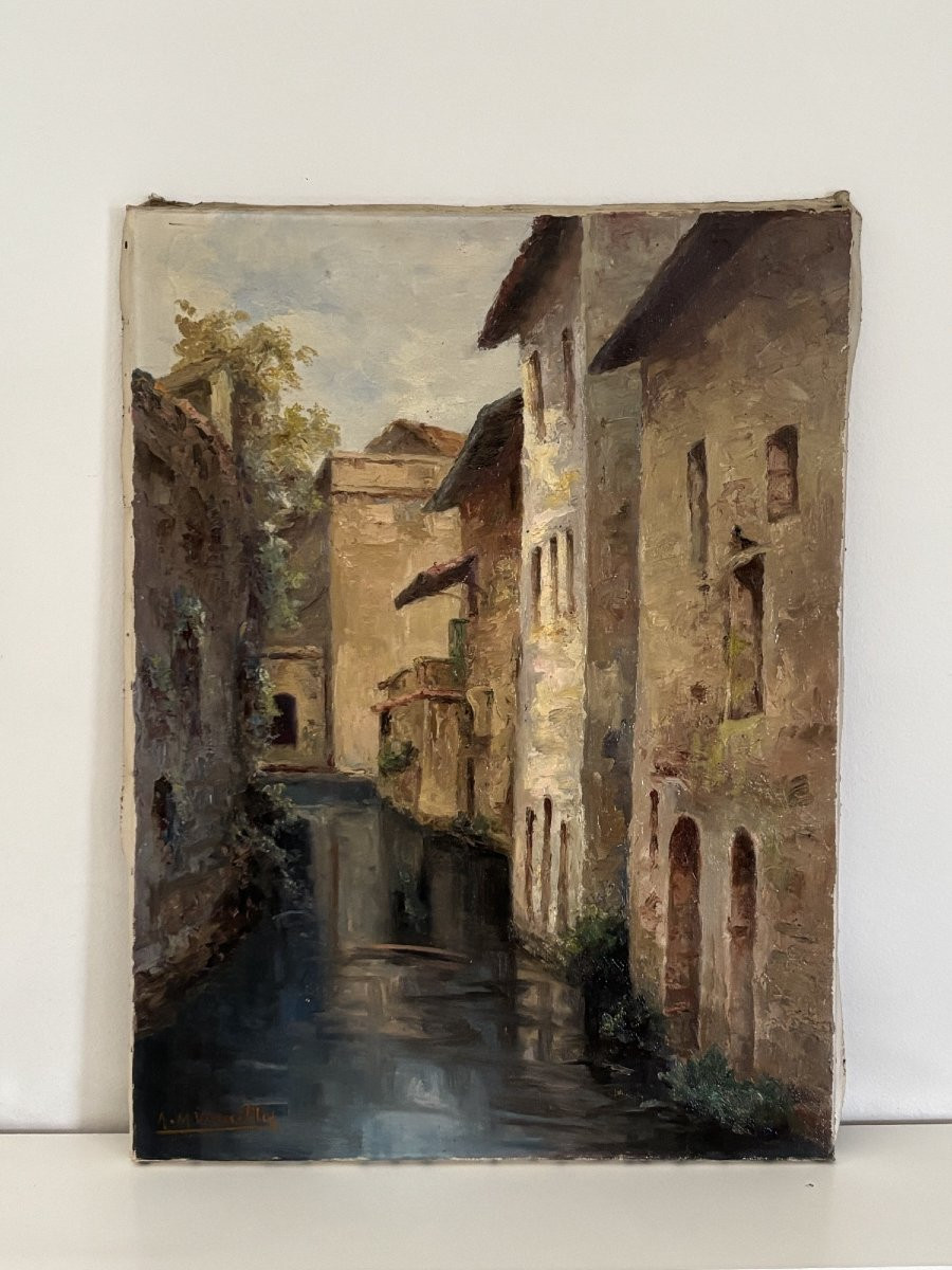 Ecole française Jura ancien tableau Huile sur toile Clairvaux les lacs  AM VIDAILLET  1950-photo-5