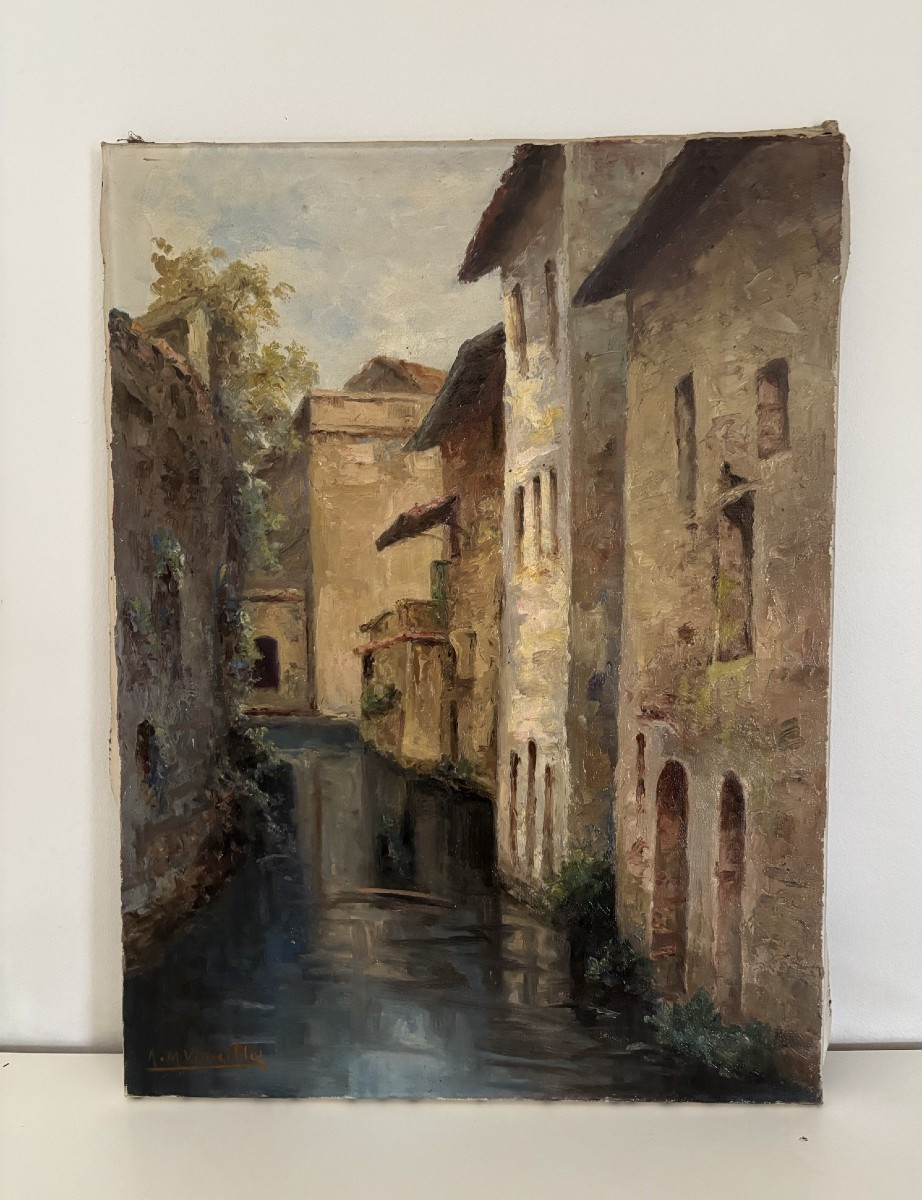 Ecole française Jura ancien tableau Huile sur toile Clairvaux les lacs  AM VIDAILLET  1950