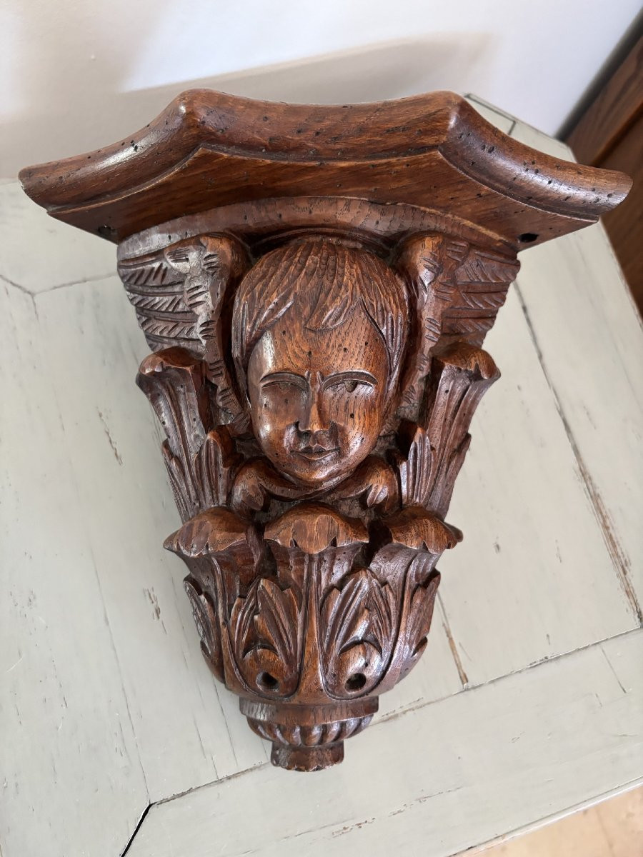 Ancienne petite console d'applique d' angle au cherubin vers 1900 putti putto ange bois sculpté-photo-2