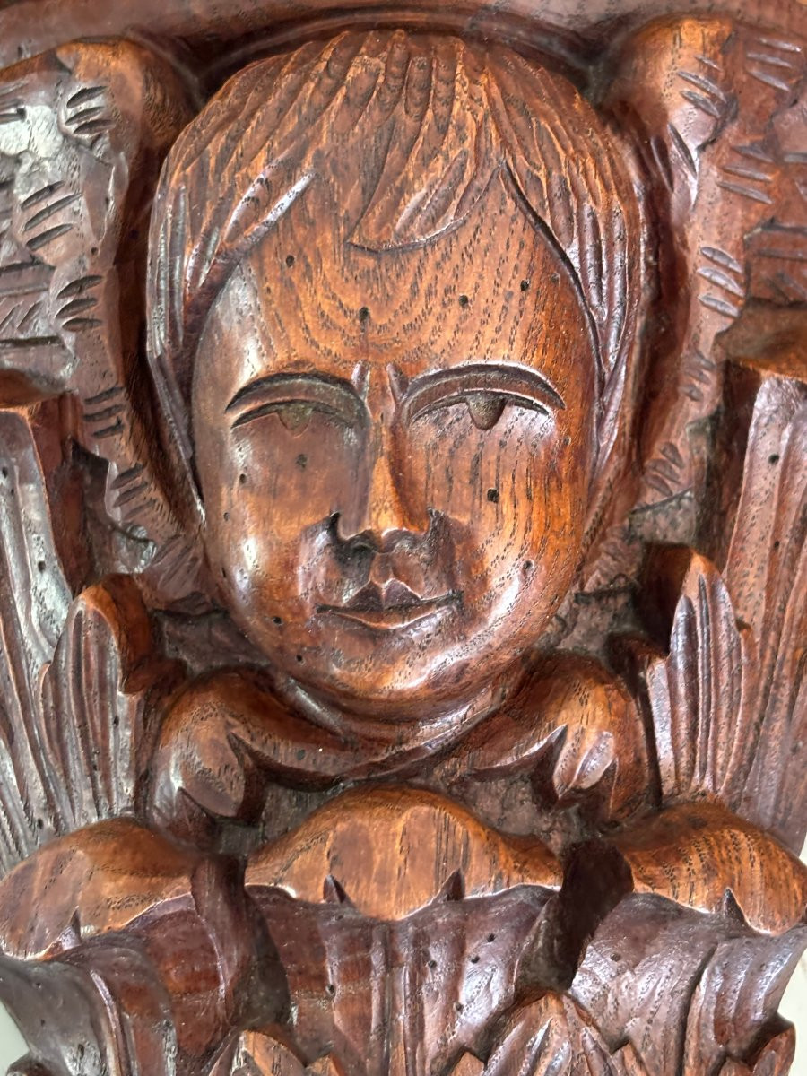 Ancienne petite console d'applique d' angle au cherubin vers 1900 putti putto ange bois sculpté-photo-3