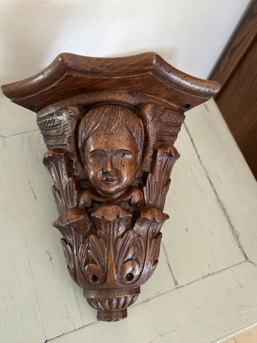 Ancienne petite console d'applique d' angle au cherubin vers 1900 putti putto ange bois sculpté-photo-4