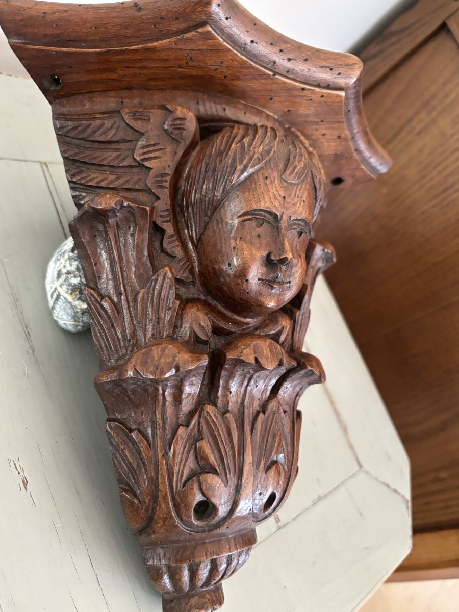 Ancienne petite console d'applique d' angle au cherubin vers 1900 putti putto ange bois sculpté-photo-6
