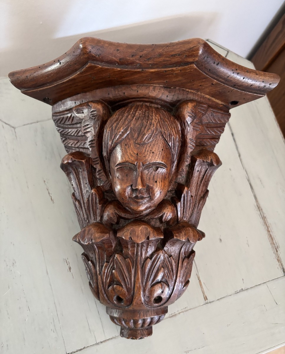 Ancienne petite console d'applique d' angle au cherubin vers 1900 putti putto ange bois sculpté