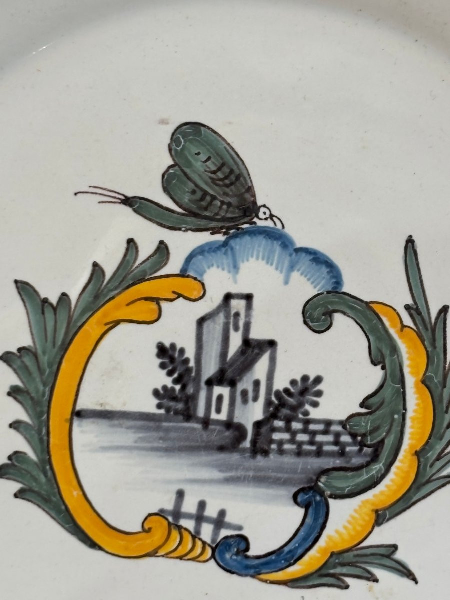 Antique Nevers Earthenware Plate 18th Century Cartouche Butterfly Décor Earthenware-photo-4