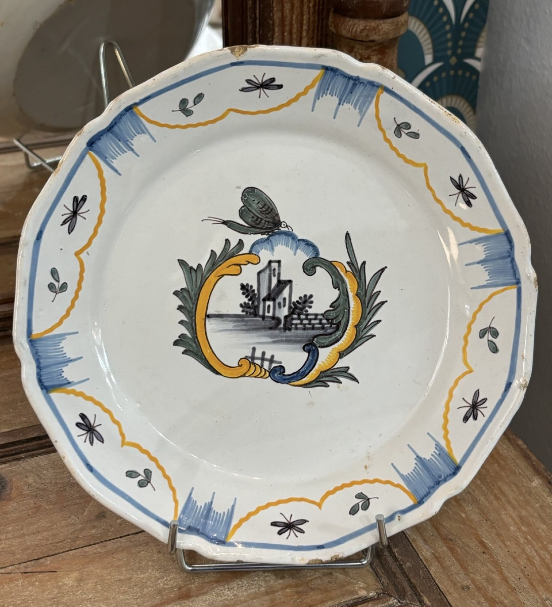 Antique Nevers Earthenware Plate 18th Century Cartouche Butterfly Décor Earthenware