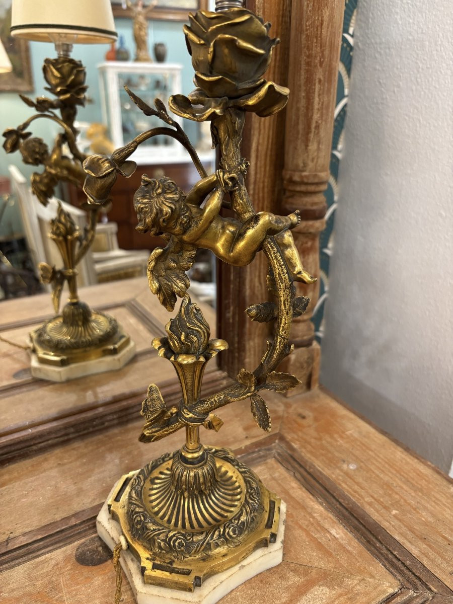 Antique Napoleon III Art Nouveau Bronze Lamp With Cherub And Butterfly Late 19th Century-photo-2