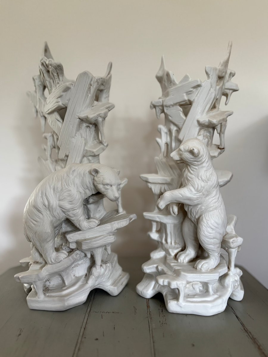 Antique And Large Pair Of Polar Bears In Porcelain Bisque, Circa 1900. White Bear 36 Cm-photo-2