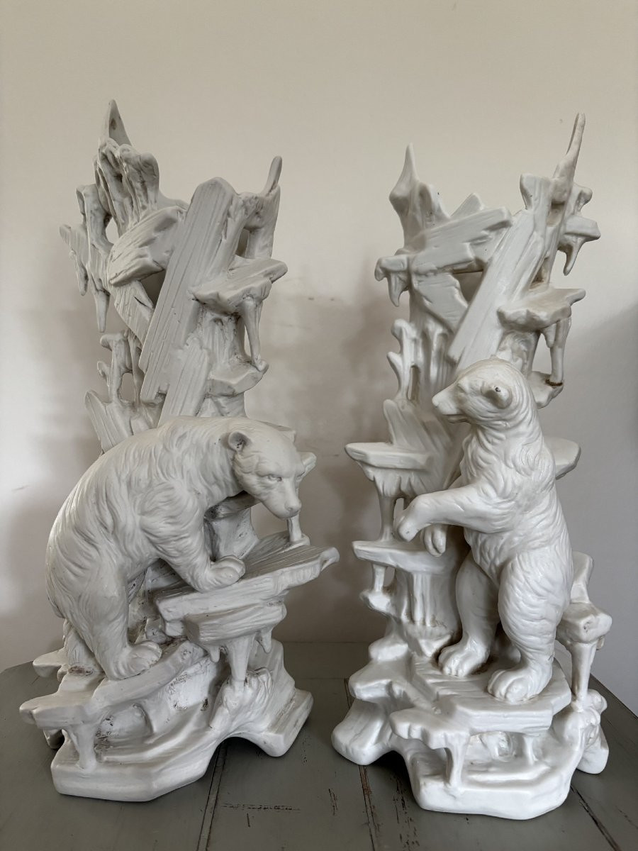 Antique And Large Pair Of Polar Bears In Porcelain Bisque, Circa 1900. White Bear 36 Cm-photo-1