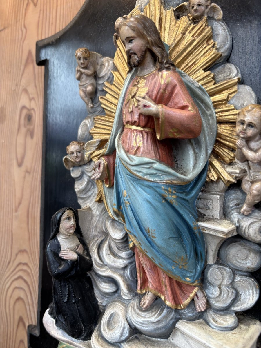 Ancien et grand benitier en bois stuc polychrome epoque XIX eme siècle polychromie ange putti-photo-3