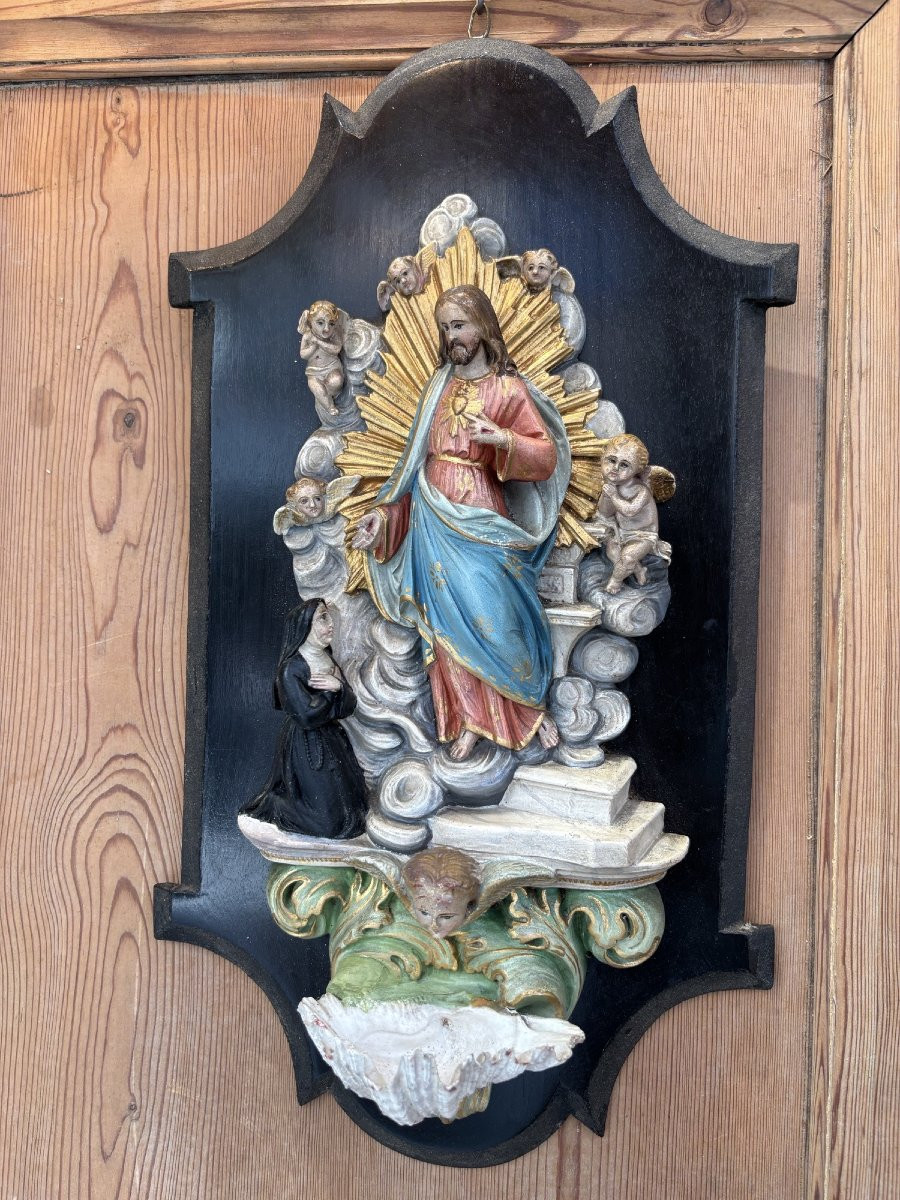 Ancien et grand benitier en bois stuc polychrome epoque XIX eme siècle polychromie ange putti-photo-4