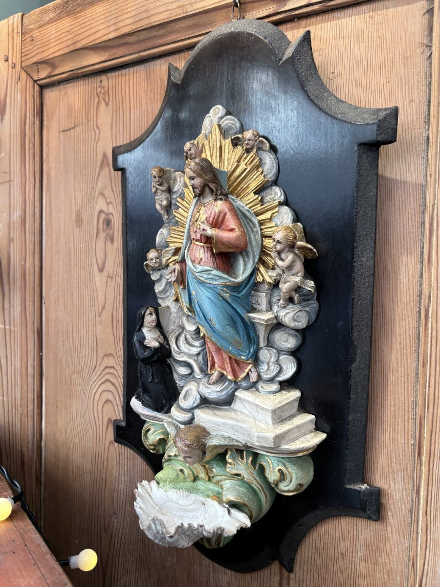 Ancien et grand benitier en bois stuc polychrome epoque XIX eme siècle polychromie ange putti-photo-1