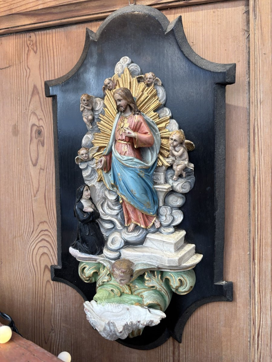 Ancien et grand benitier en bois stuc polychrome epoque XIX eme siècle polychromie ange putti-photo-2