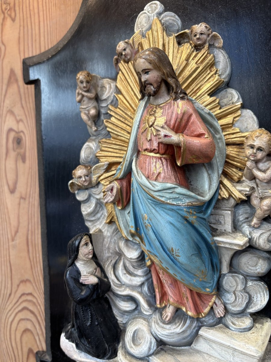 Ancien et grand benitier en bois stuc polychrome epoque XIX eme siècle polychromie ange putti-photo-3