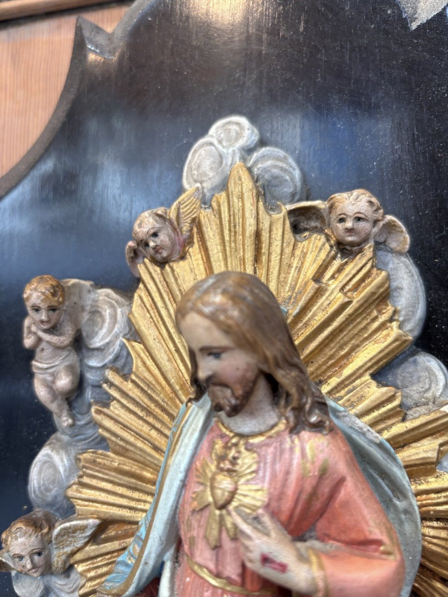 Ancien et grand benitier en bois stuc polychrome epoque XIX eme siècle polychromie ange putti-photo-5