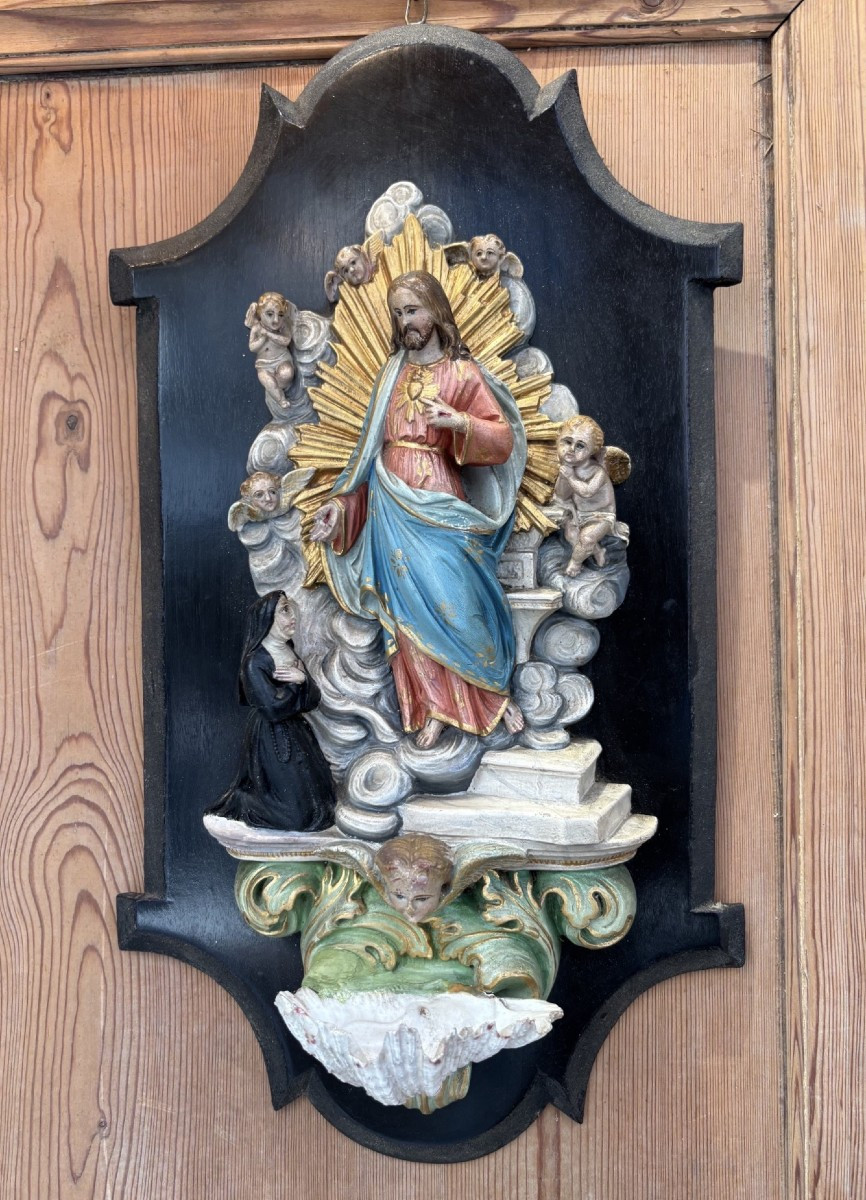 Ancien et grand benitier en bois stuc polychrome epoque XIX eme siècle polychromie ange putti