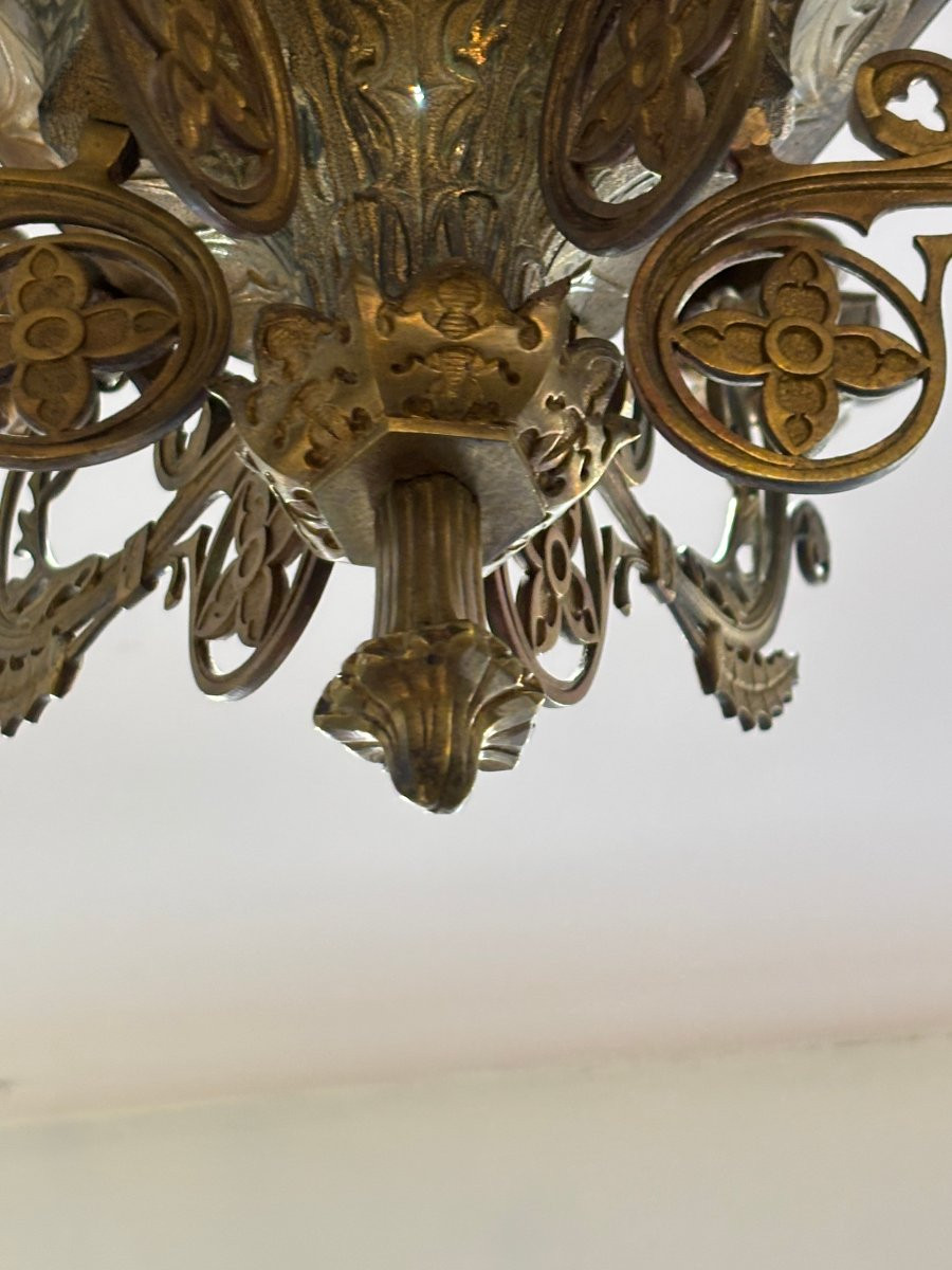 Ancien lustre gothique fin XVIII eme ou début XIX eme en bronze dépoli 5 feux -photo-2