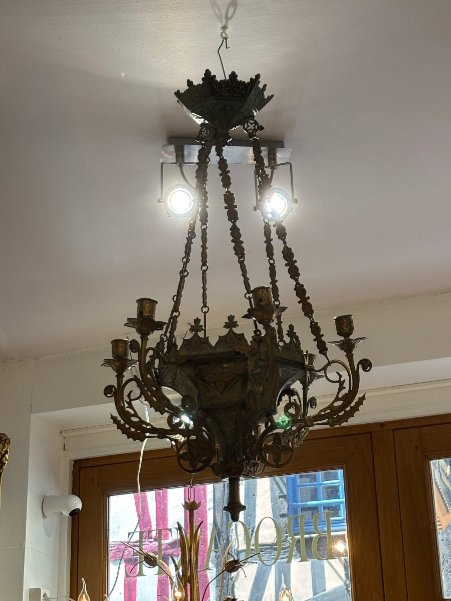 Ancien lustre gothique fin XVIII eme ou début XIX eme en bronze dépoli 5 feux -photo-3