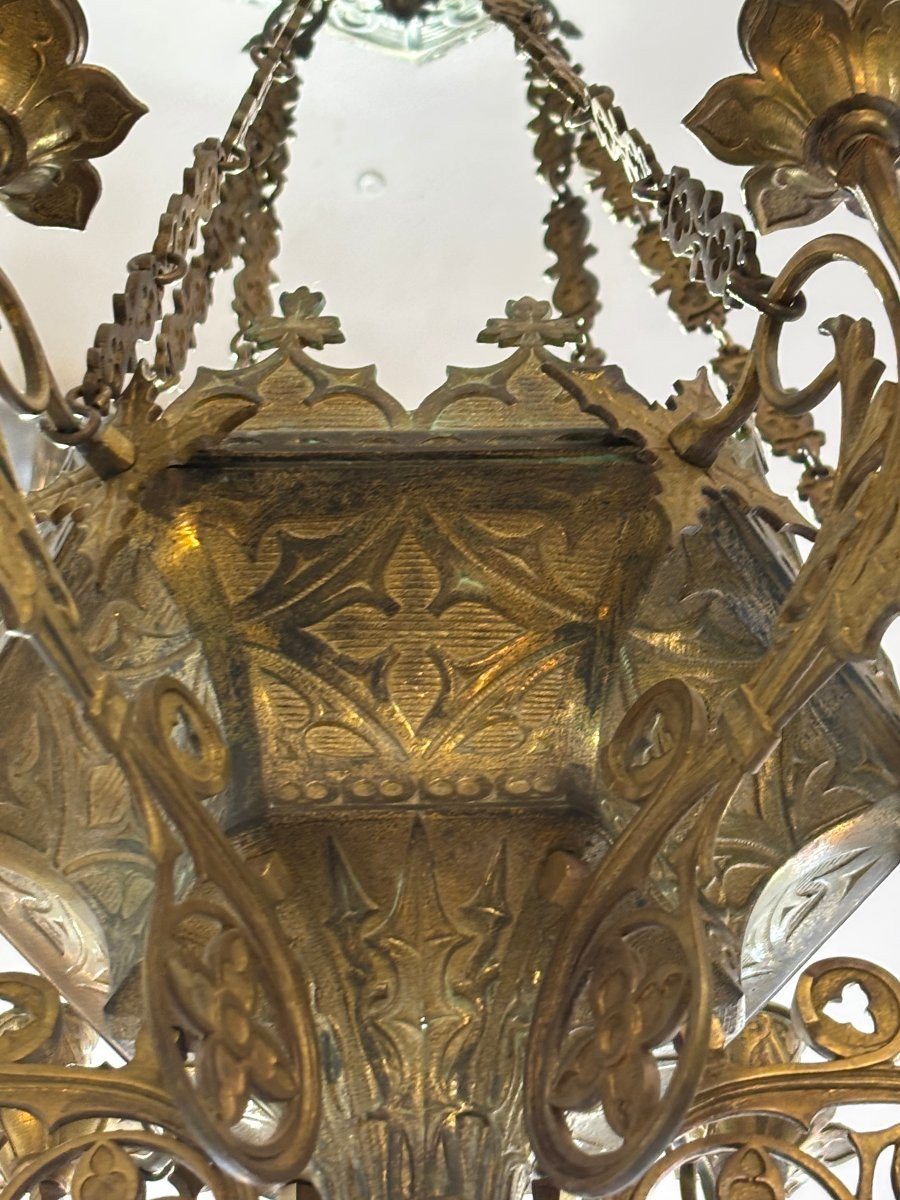 Ancien lustre gothique fin XVIII eme ou début XIX eme en bronze dépoli 5 feux -photo-4