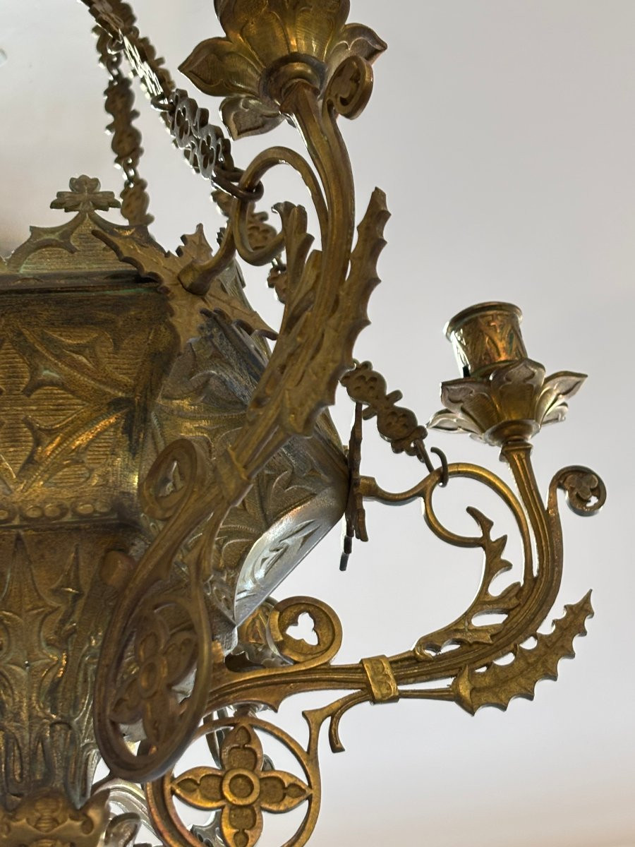 Ancien lustre gothique fin XVIII eme ou début XIX eme en bronze dépoli 5 feux -photo-2