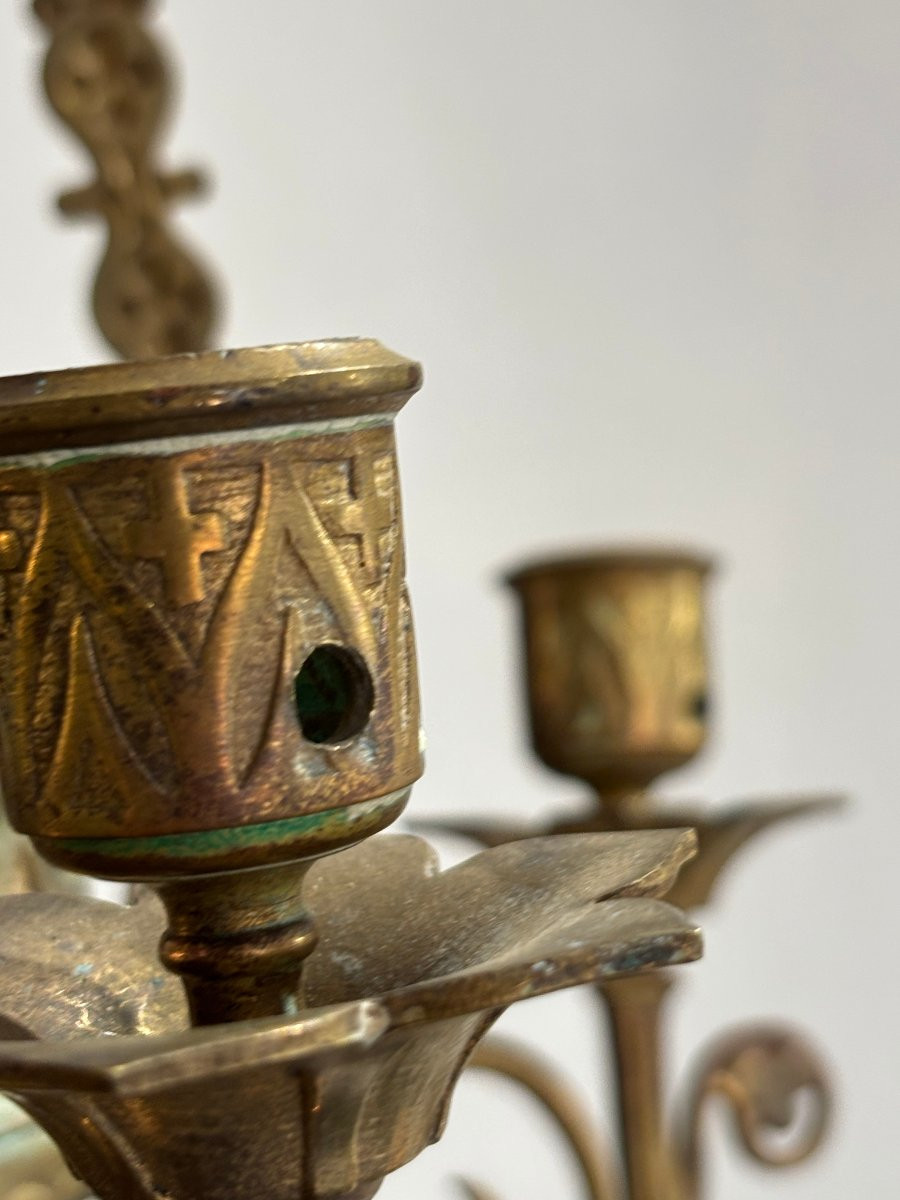 Ancien lustre gothique fin XVIII eme ou début XIX eme en bronze dépoli 5 feux -photo-3