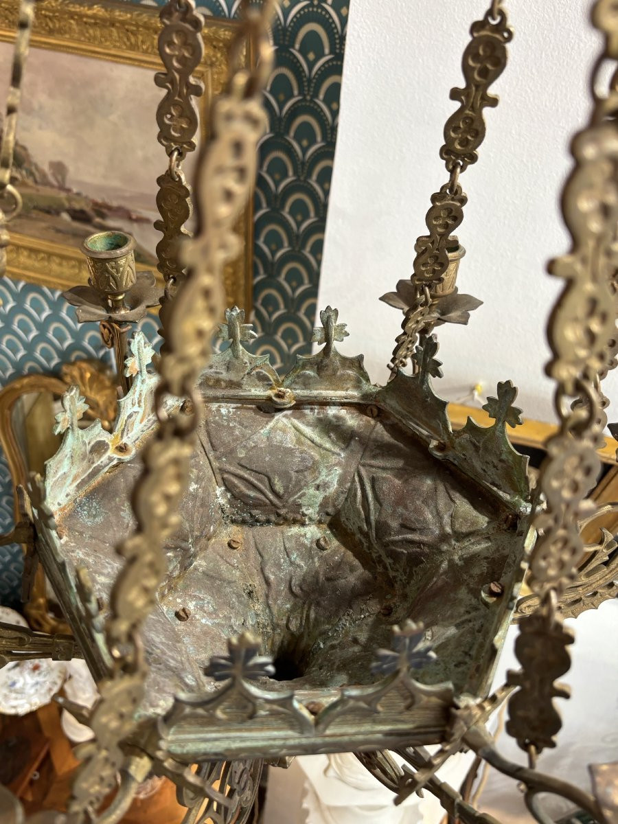 Ancien lustre gothique fin XVIII eme ou début XIX eme en bronze dépoli 5 feux -photo-4