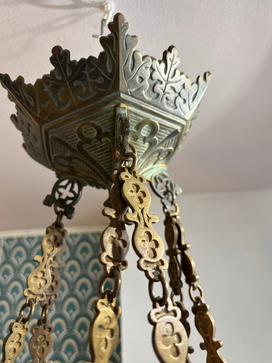 Ancien lustre gothique fin XVIII eme ou début XIX eme en bronze dépoli 5 feux -photo-5