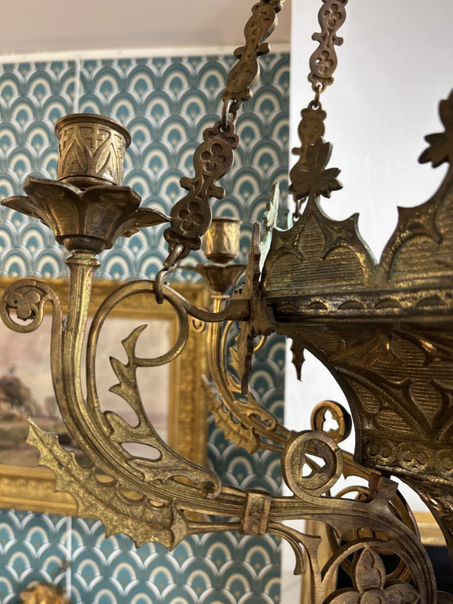 Ancien lustre gothique fin XVIII eme ou début XIX eme en bronze dépoli 5 feux -photo-6