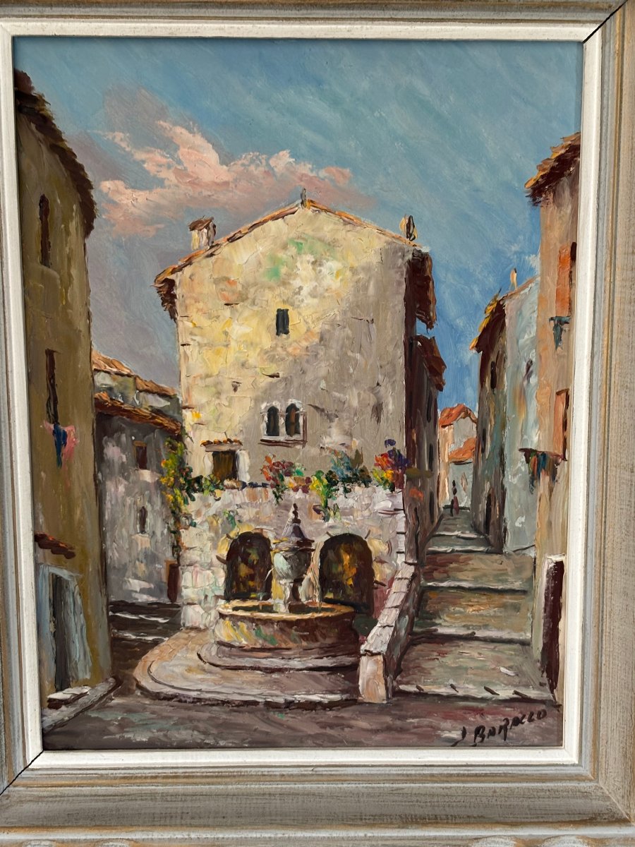 Old Painting Oil On Panel Ecole Provençale J Baracco Saint Paul De Vence La Fontaine XX-photo-2