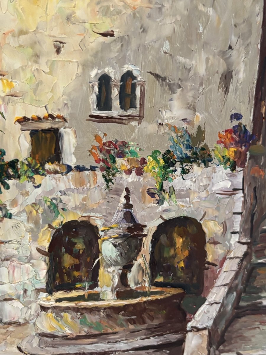 Old Painting Oil On Panel Ecole Provençale J Baracco Saint Paul De Vence La Fontaine XX-photo-3