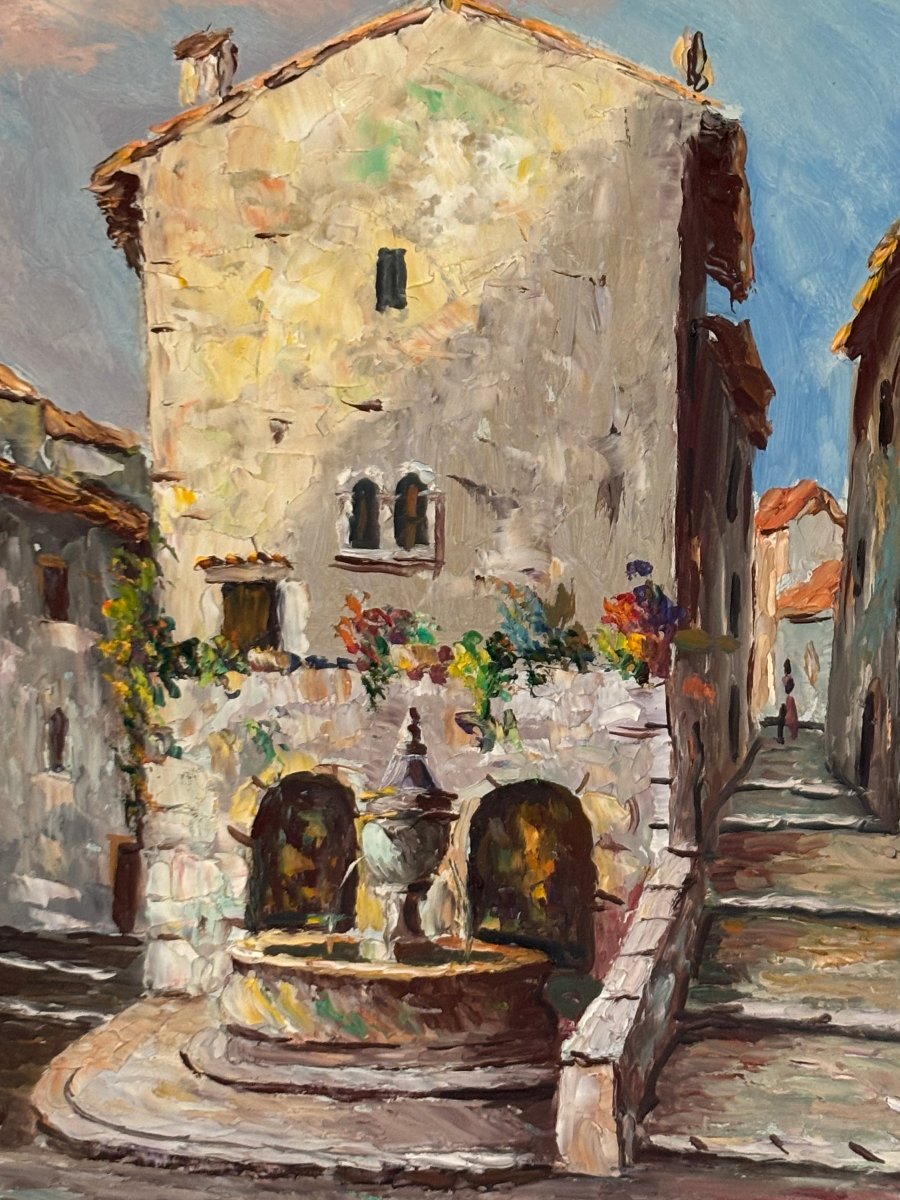 Old Painting Oil On Panel Ecole Provençale J Baracco Saint Paul De Vence La Fontaine XX-photo-1