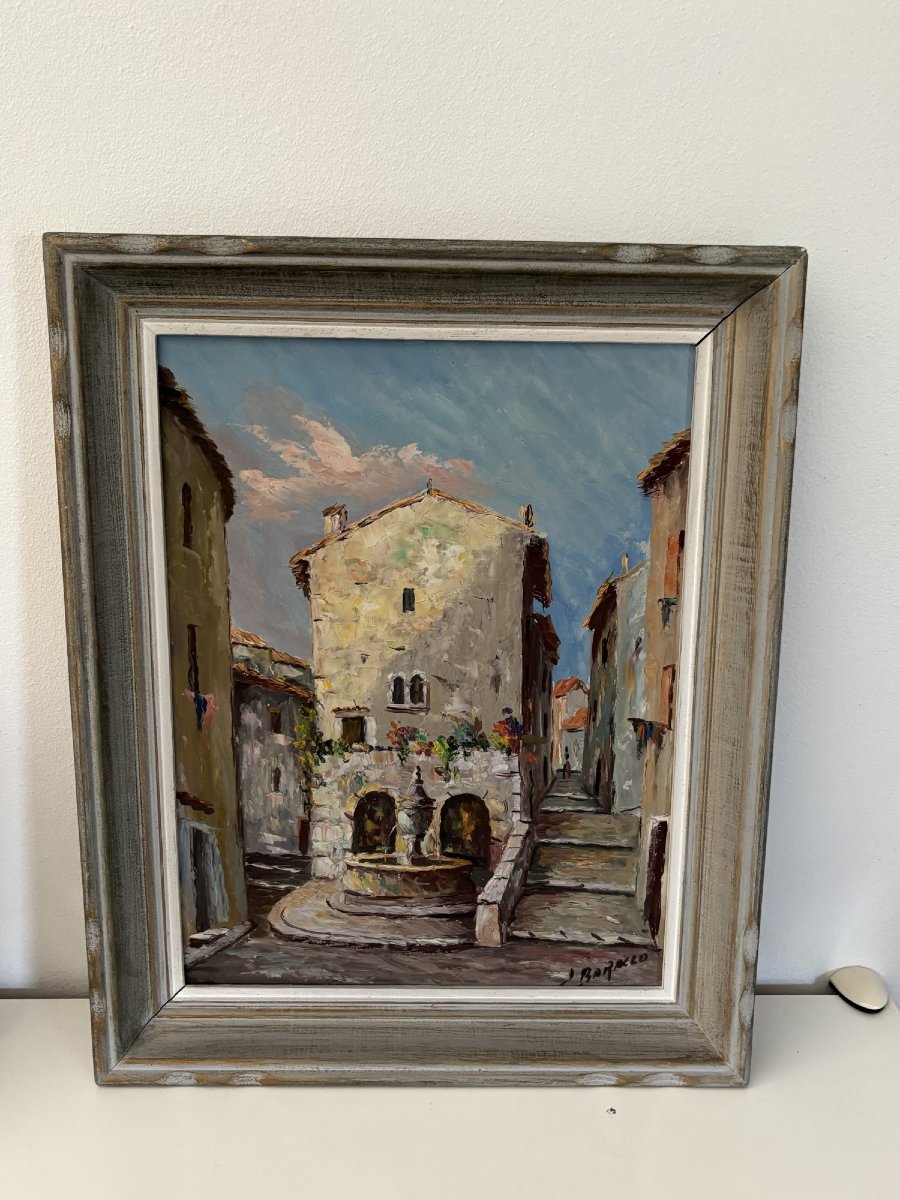 Old Painting Oil On Panel Ecole Provençale J Baracco Saint Paul De Vence La Fontaine XX-photo-2