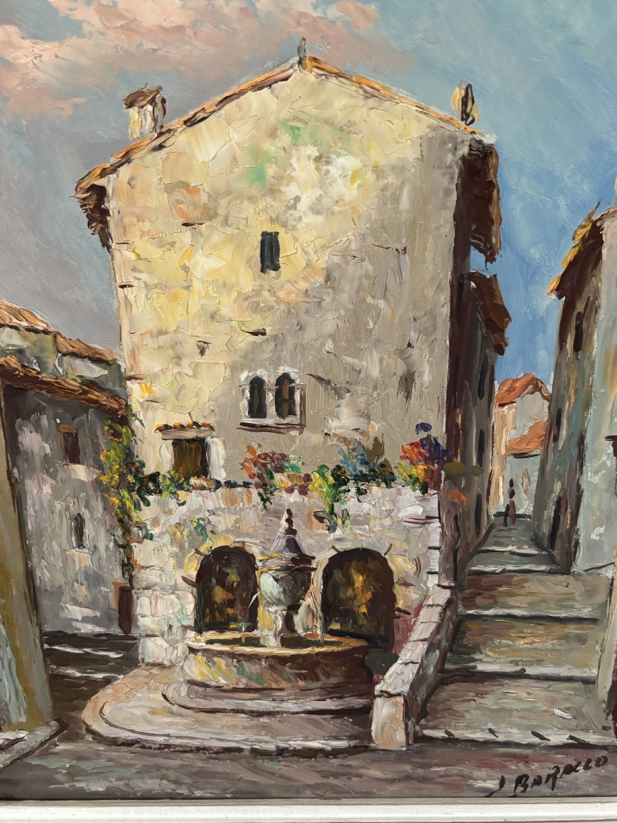 Old Painting Oil On Panel Ecole Provençale J Baracco Saint Paul De Vence La Fontaine XX-photo-3