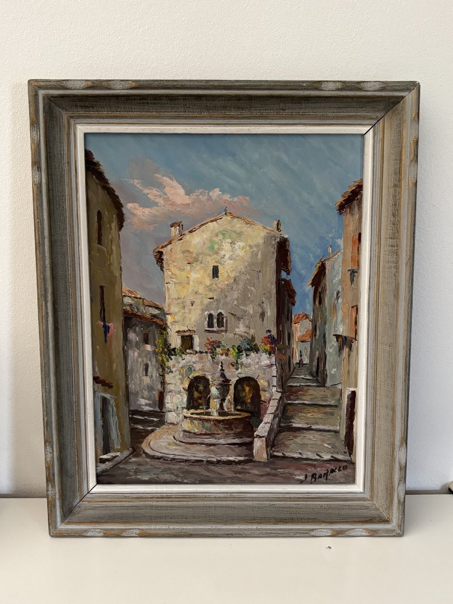 Old Painting Oil On Panel Ecole Provençale J Baracco Saint Paul De Vence La Fontaine XX