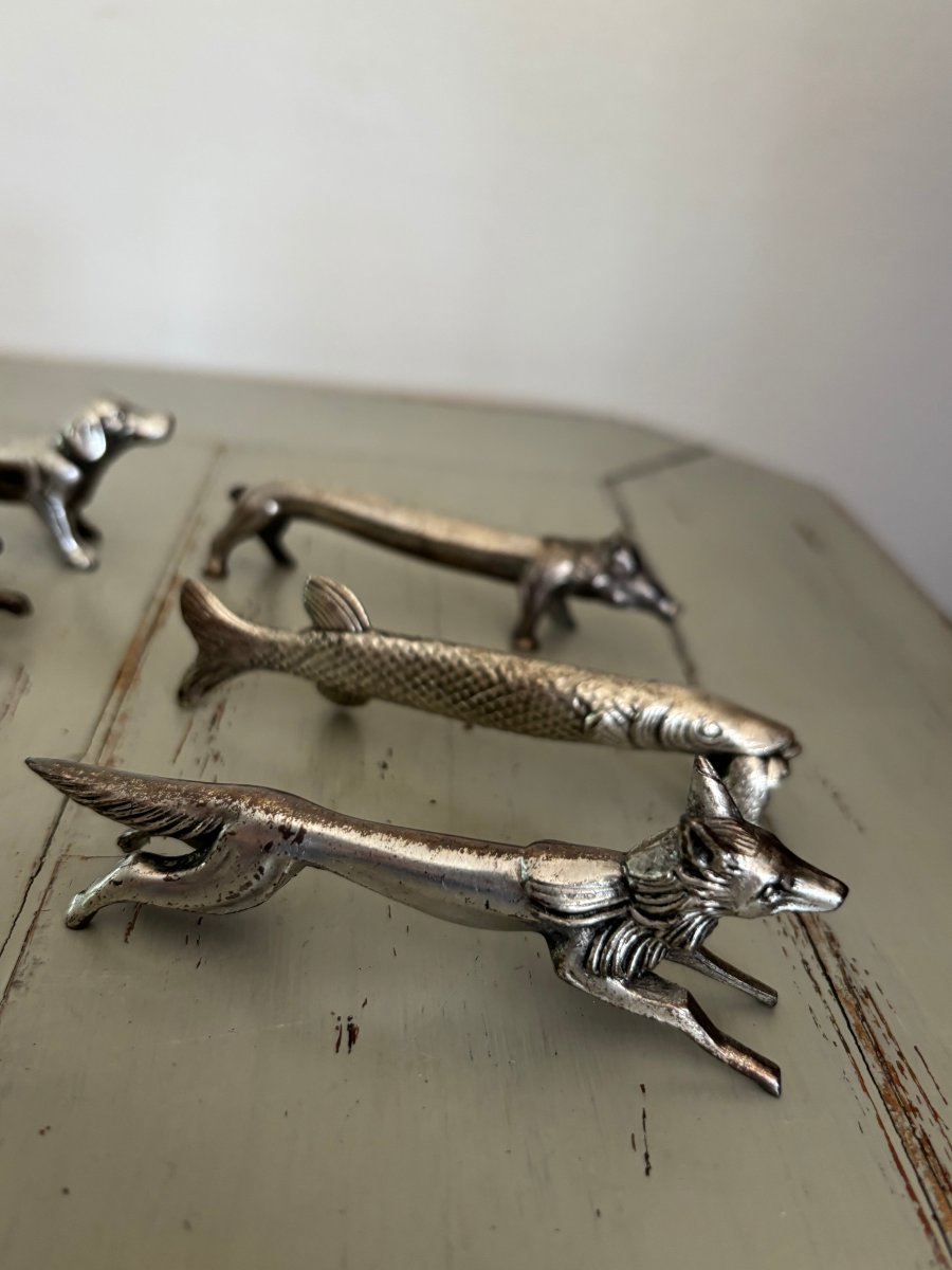 12 Art Deco Silver-plated Metal Animal Knife Rests In The Style Of Sandoz Rabier 1930-photo-1