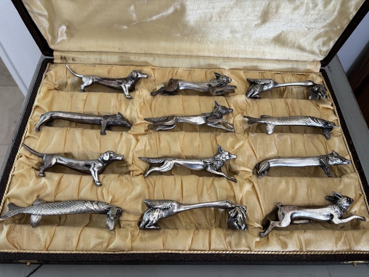 12 Art Deco Silver-plated Metal Animal Knife Rests In The Style Of Sandoz Rabier 1930